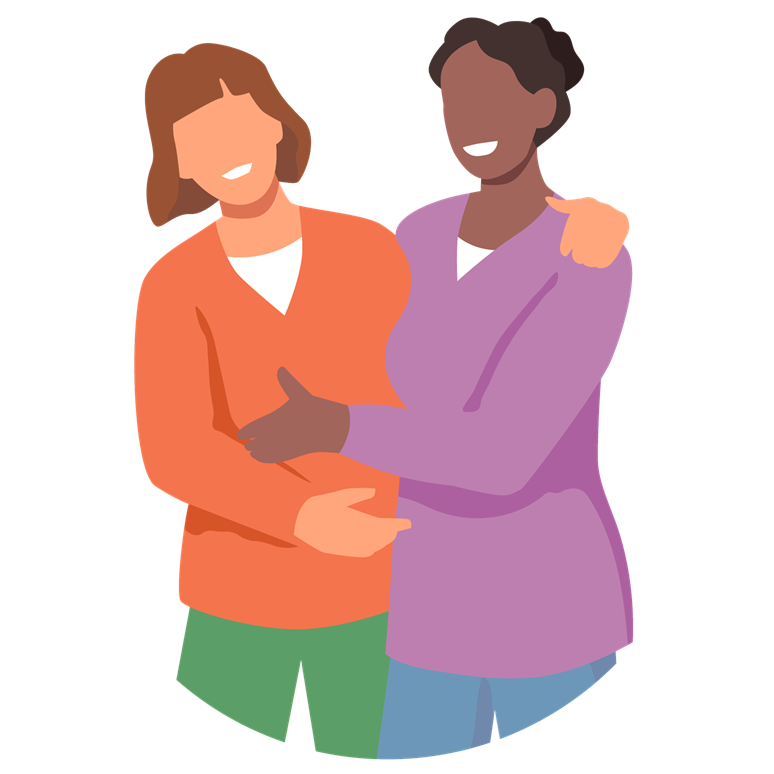 Two caregivers with their arms around each other, providing mutual support.