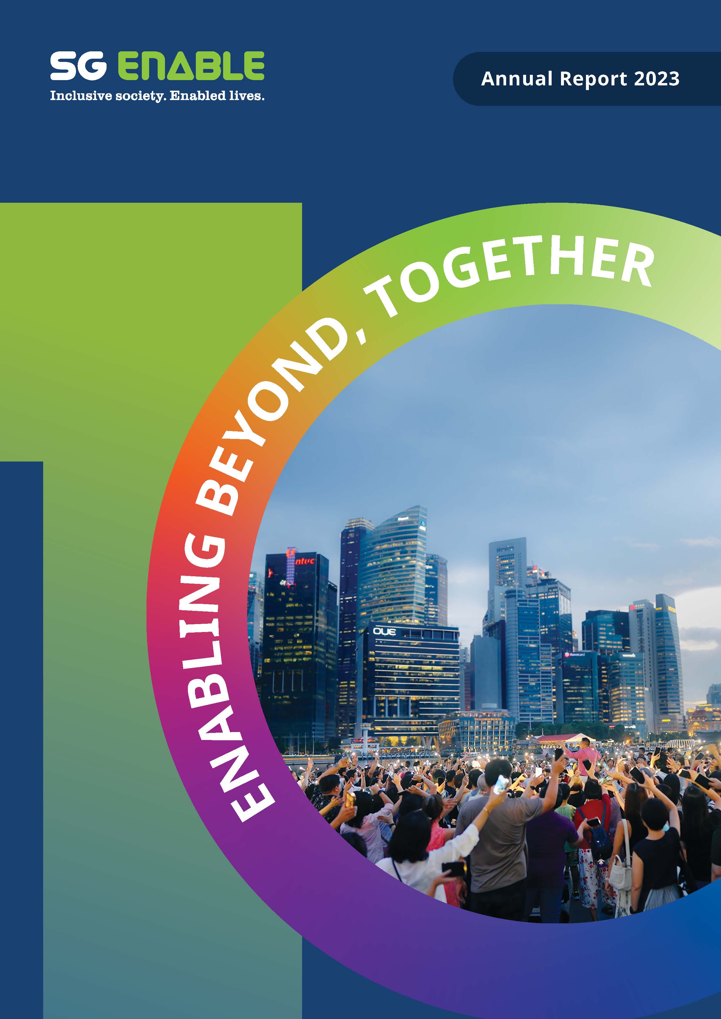 A large '10' with a group shot of people singing within. Image is titled "Annual Report 2023, Enabling Beyond, Together"