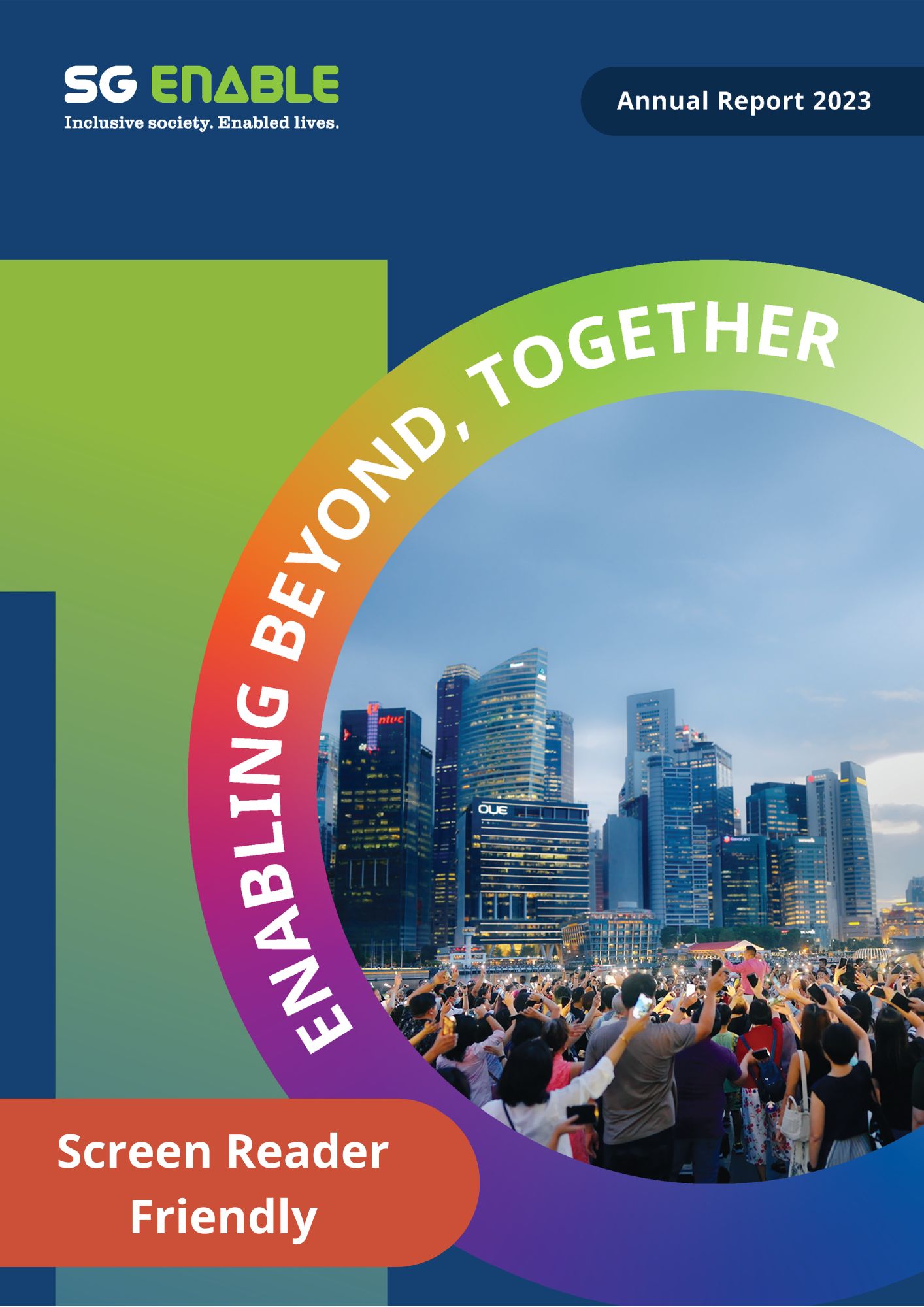 A number '10' with a group shot of people singing within it. Image is titled "Annual Report 2023, Enabling Beyond, Together"