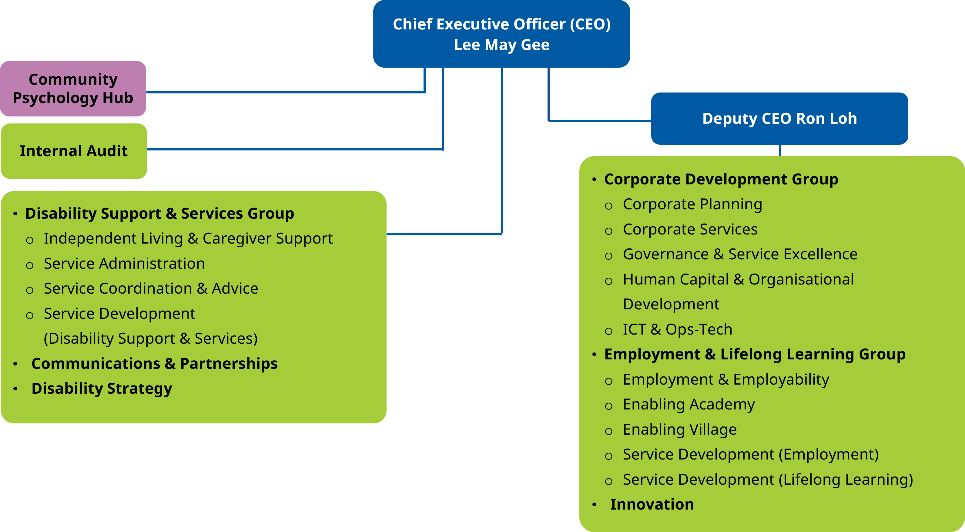 A chart showing the breakdown of divisions in SG Enable and the areas of work taken care of by the CEO and deputy CEO.