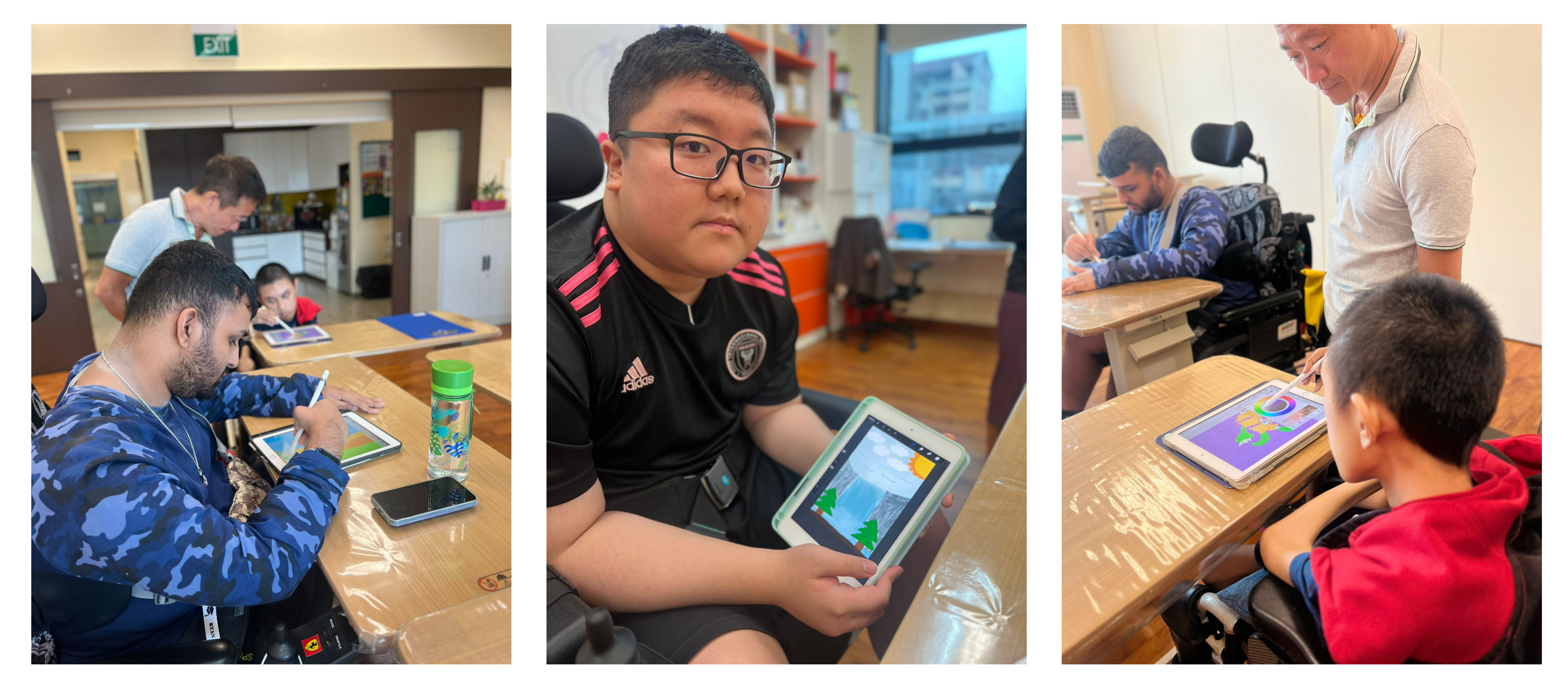 Compiled images of artists from Muscular Dystrophy Association Singapore drawing on the iPad using an Apple pencil