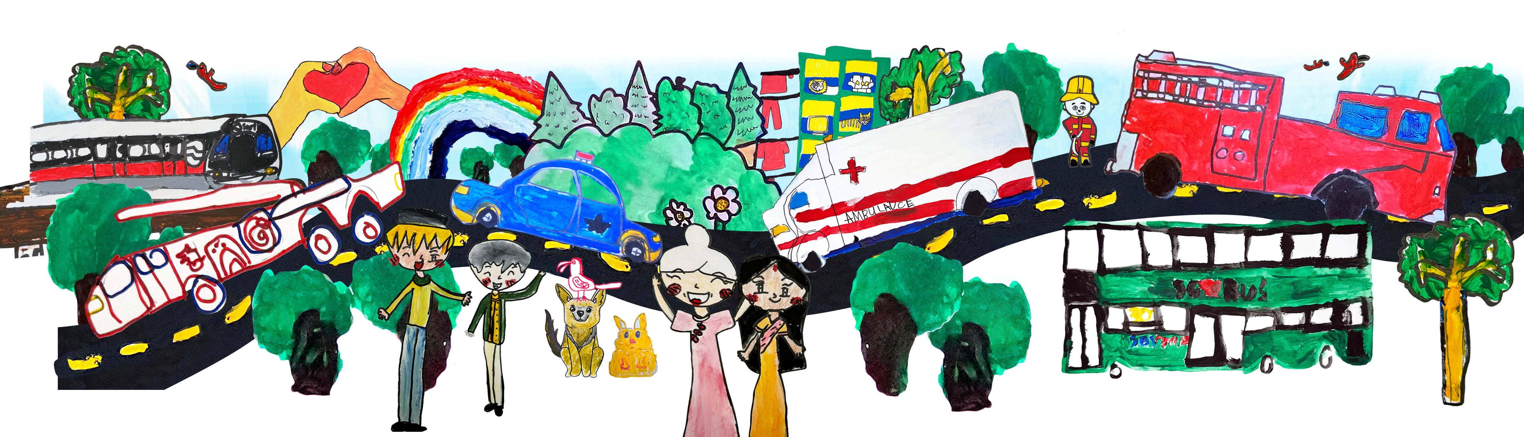 This photo depicts the NDP2024 Civil Defence Artwork. This artwork features buses, trees, rainbows, fire engines, ambulance, police cars and public transport.