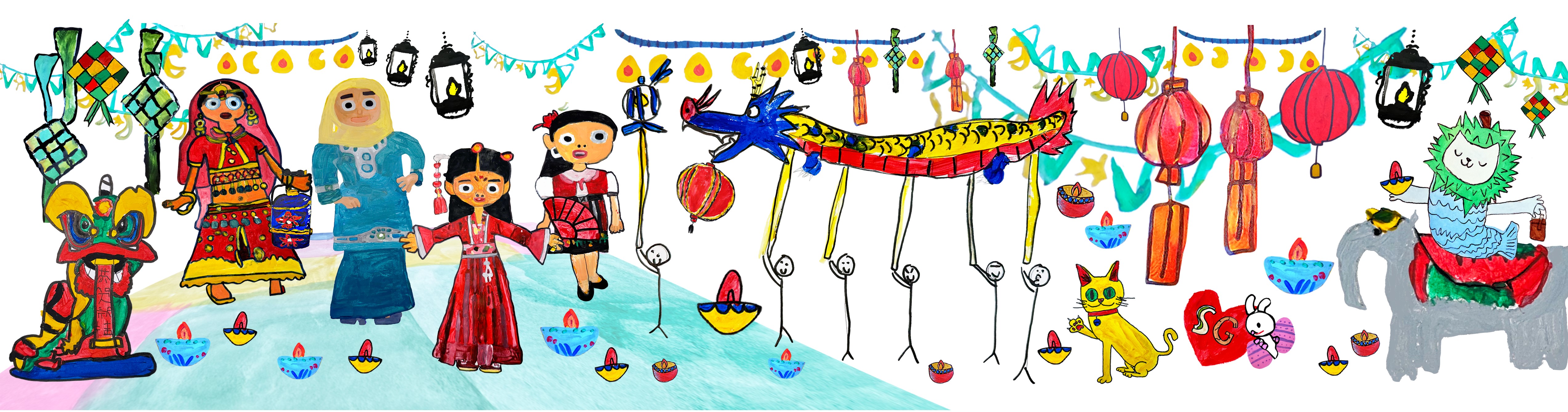  This photo depicts the Social Defence Artwork. This artwork features our nations diversity with different elements from festivals celebrated in Singapore.