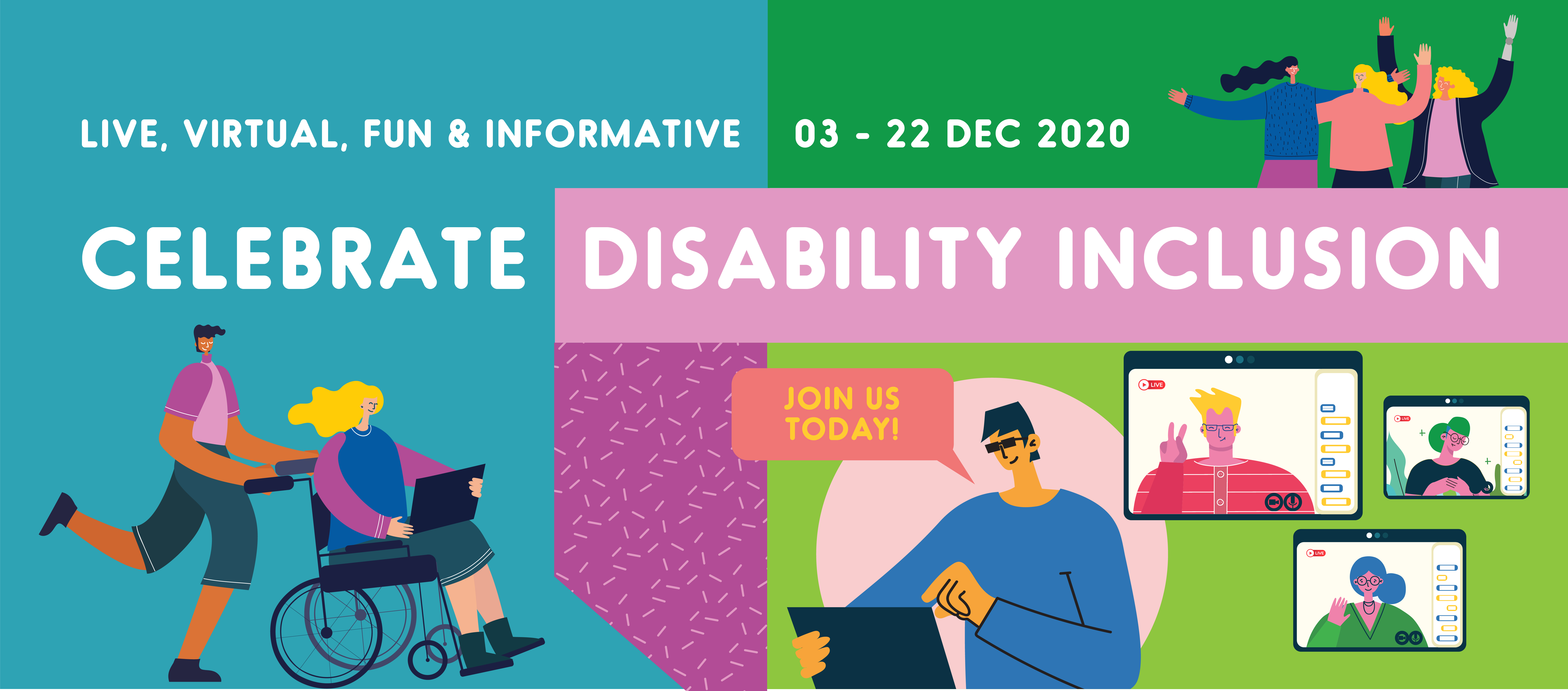 FINAL-BANNERS_DESKTOP_HOMEPAGE Banner of Enabling Lives Festival that says Live, Virtual, Fun and Informative. Celebrate Disability Inclusion.